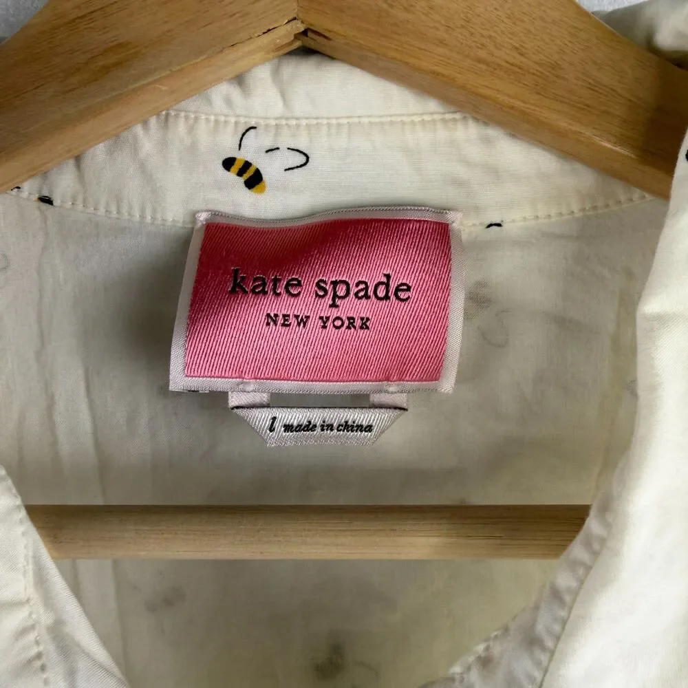 Kate Spade Sleeveless White Cotton Bees Print Mini Shirt Dress Size L